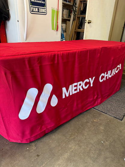 Custom 6’ Two-Sided Table Cover – Mercy Church Branded Event Tablecloth | Full Color Display
