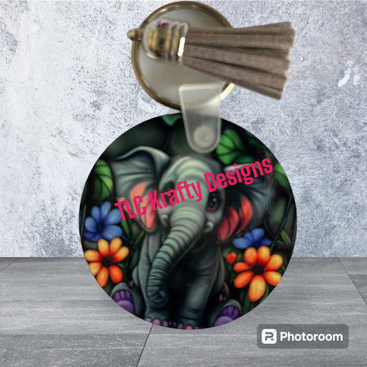 Elephant surrounded by bright flowers Keychain with Tassel