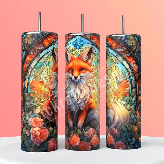 Delightful Sublimation 20oz. Skinny tumbler featuring a stained-glass colored fox sitting gracefully with flowers around its feet