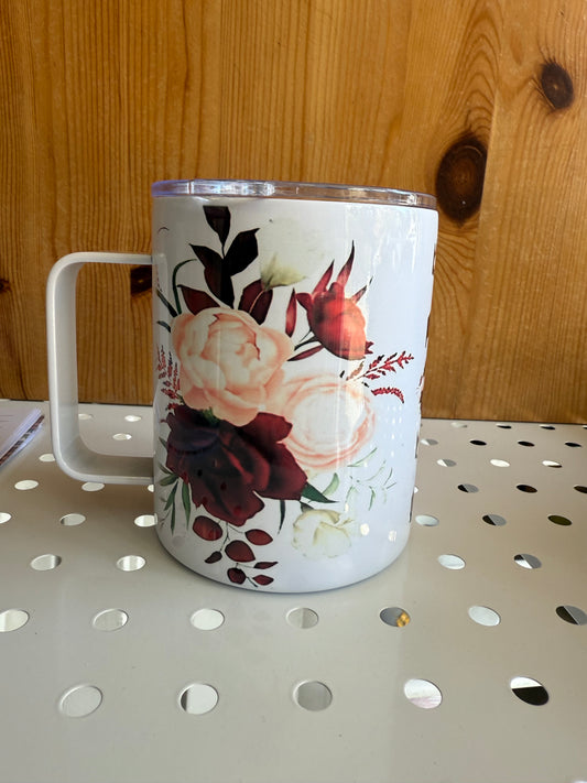 Burgundy & Blush Floral Travel Mug with Handle – Elegant Insulated Tumbler