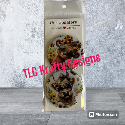 Multiple Highland cow styling sunglasses surrounded by flowers neoprene 2.75" Car Coasters