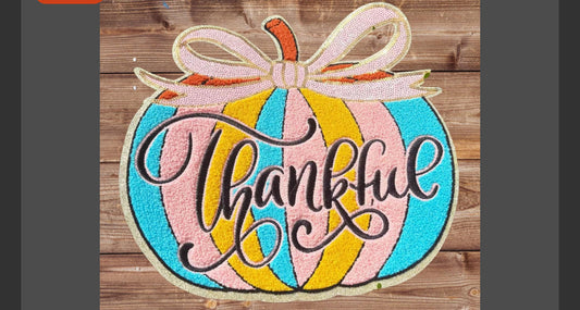 XL Thankful Pumpkin Chenille Patch – Fall Harvest Iron-On / Sew-On Appliqué
