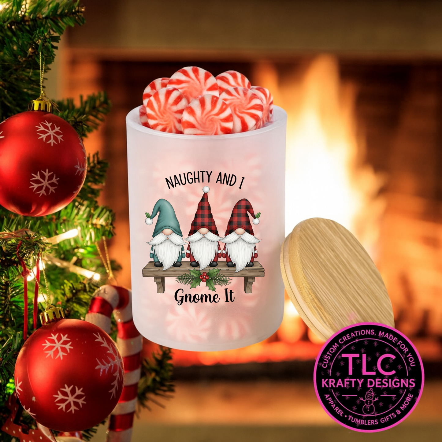 Naughty and I Gnome It 10oz Frosted Glass Candle or Trinket Holder with Bamboo Lid CK