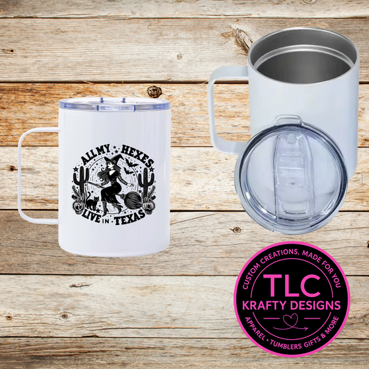 All My Hexes Live in Texas Mug – 12oz Travel Mug with Lid, Witchy Halloween Coffee Cup