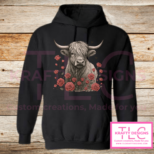 Highland Cow Floral Hoodie – Cute Cow and Rose Sweatshirt | Cozy Country Cowgirl Pullover