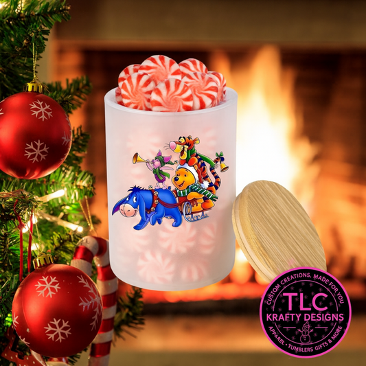 Beary Cute Christmas Crew 10oz Frosted Glass Candle or Trinket Holder with Bamboo Lid CK