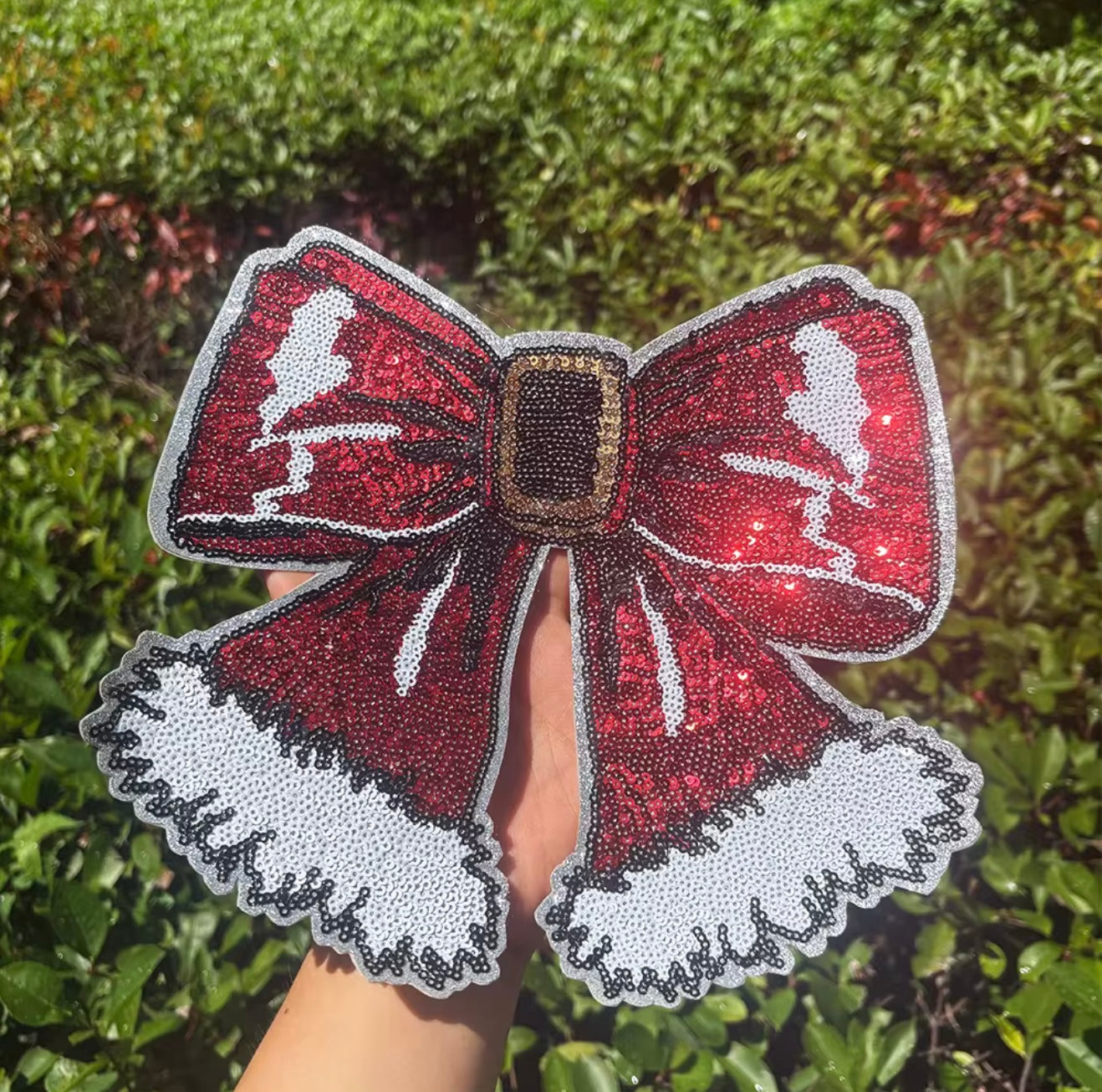 XL Red Christmas Bow Sequin Patch – Festive Holiday Appliqué
