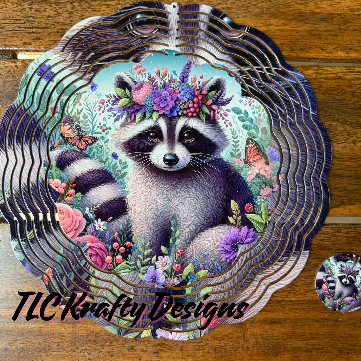 Floral Raccoon 10” Wind Spinner – Metal Garden Spinner