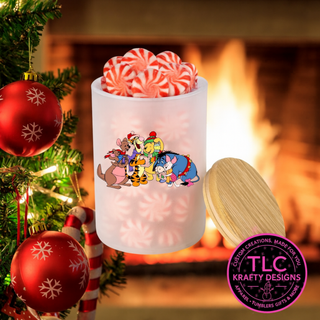 Christmas Caroling Friends 10oz Frosted Glass Candle or Trinket Holder with Bamboo Lid CK