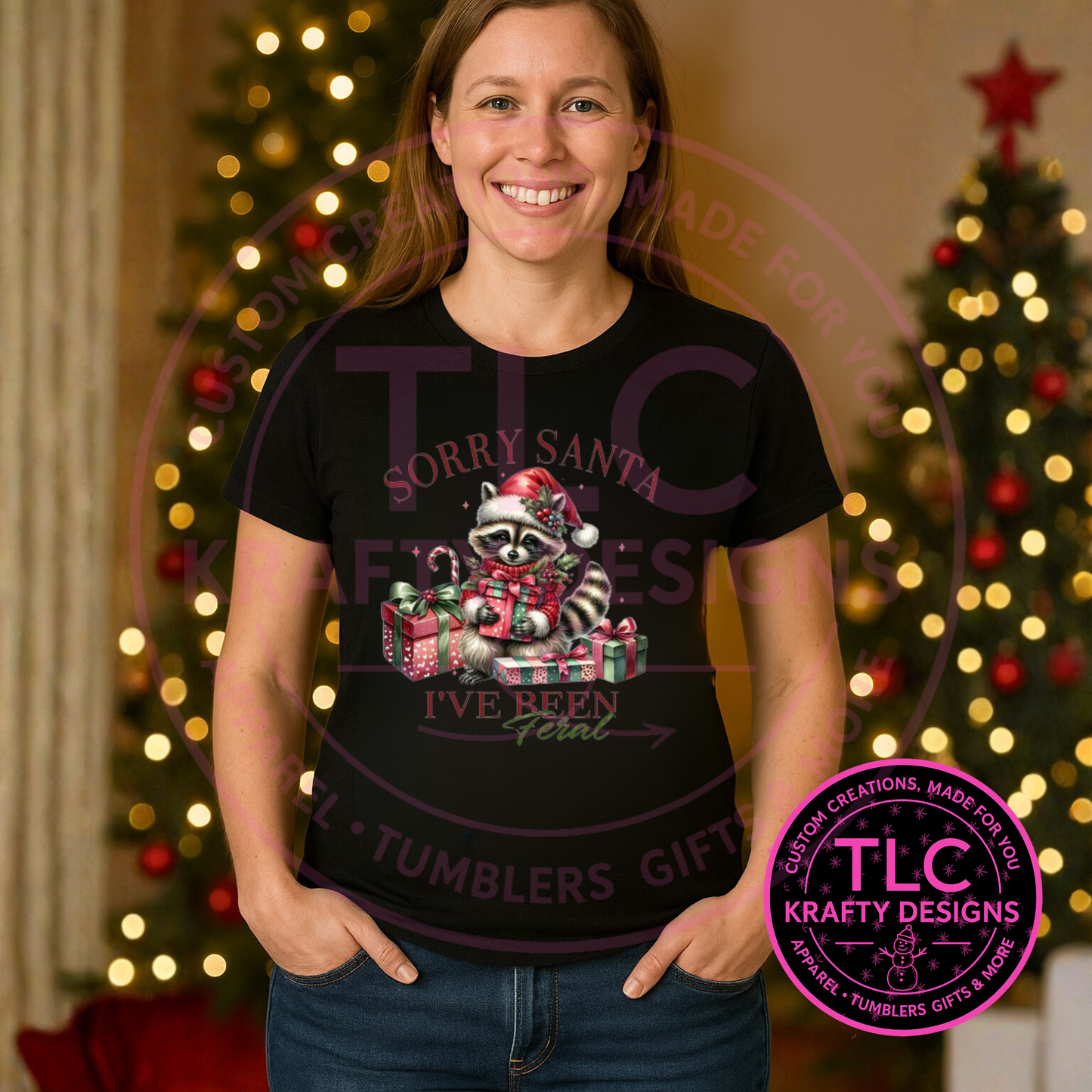 Sorry Santa Feral Raccoon Presents T-Shirt - Christmas Humor Long or Short Sleeve Tee CK