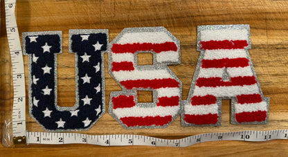 USA Chenille Patch – Red, White & Blue Stars and Stripes with Glitter Border – Iron On or Sew On Patriotic Patch