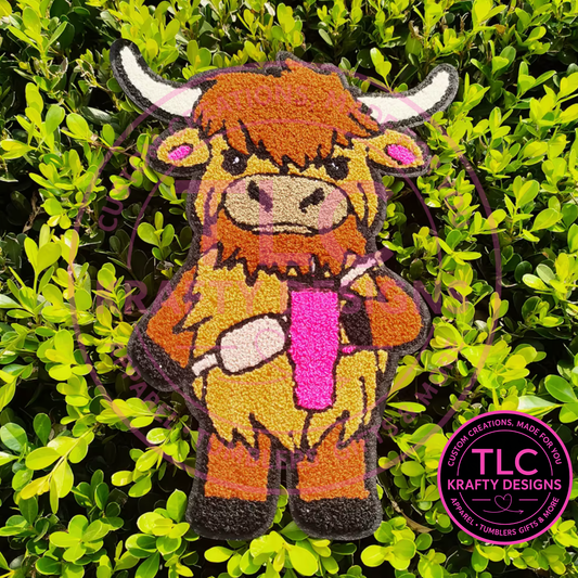 PREORDER XL Highland Cow Holding Bright Pink Cup Valentine Patch – Chenille Iron-On / Sew-On Applique CK