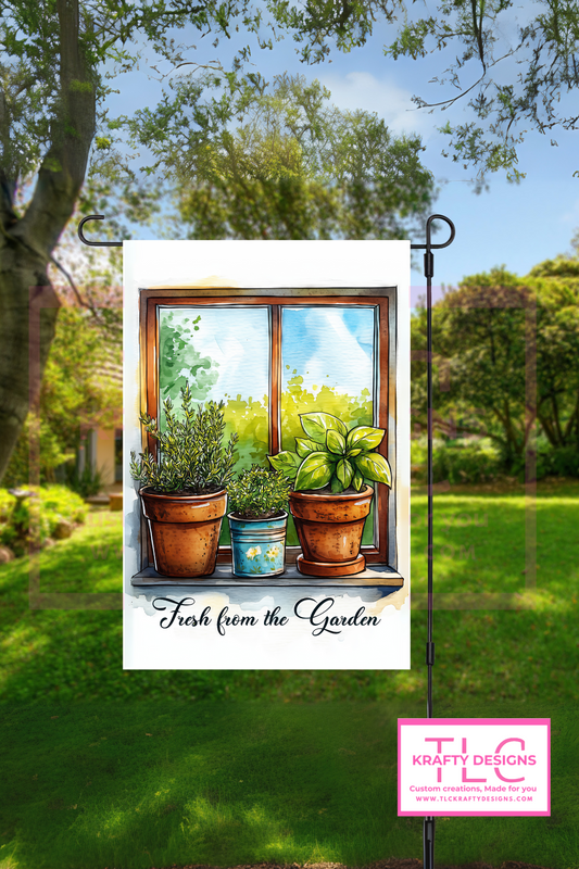 Fresh from the Garden Flag – Potted Herbs Kitchen Window Watercolor Banner