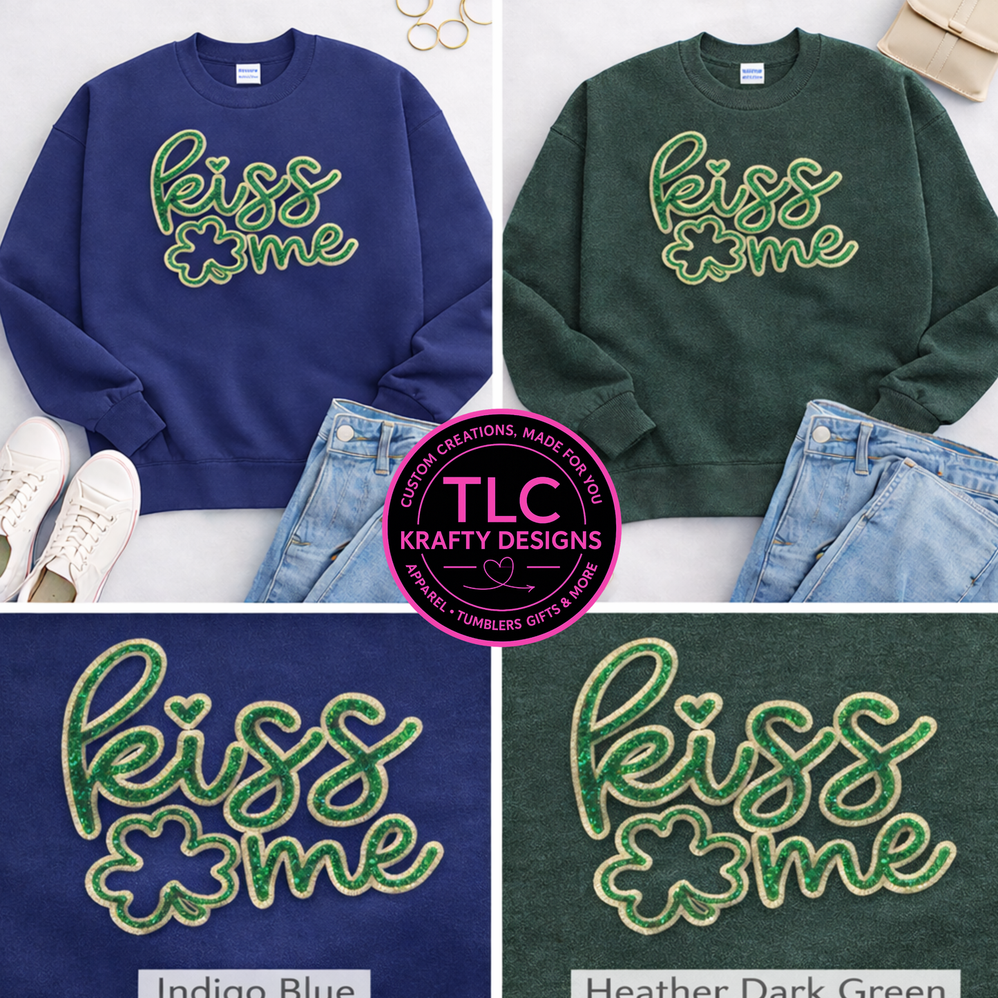 Kiss Me Sparkly Chenille Patch – St. Patrick’s Day Shamrock Patch, Lucky Green Iron-On Applique, DIY Apparel & Tote Patch