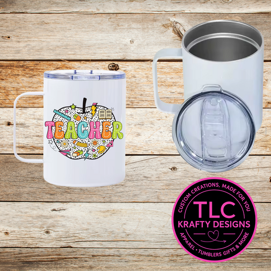 Teacher Mug – 12oz Travel Mug with Lid, Leopard Print Apple Coffee Cup