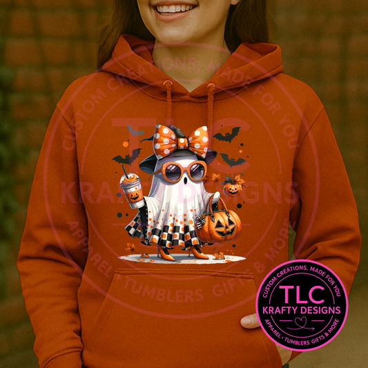 Trendy Halloween Ghost Hoodie – Cute Pumpkin, Coffee & Bat Design | Fall Sweatshirt for Women