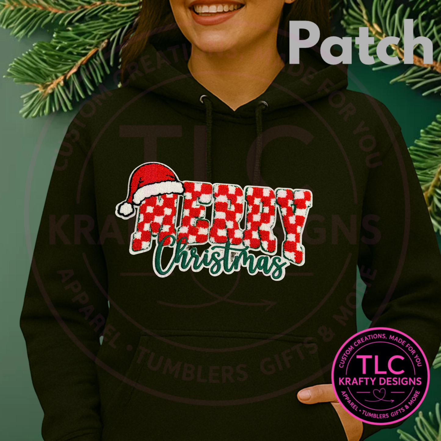 🎄 Merry Christmas Extra Large Patch – Red Checkered Chenille with Santa Hat and Green Script Accents (Approx. 10”)