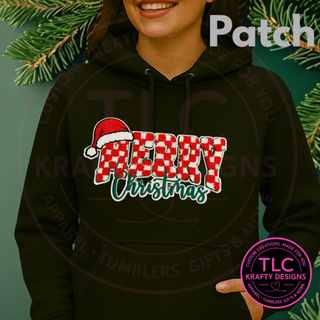 🎄 Merry Christmas Extra Large Patch – Red Checkered Chenille with Santa Hat and Green Script Accents (Approx. 10”)