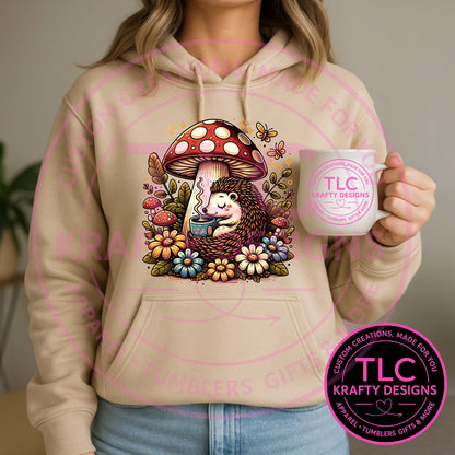 Whimsical Hedgehog Sweatshirt – Cute Mushroom & Forest Flowers Cozy Unisex Pullover