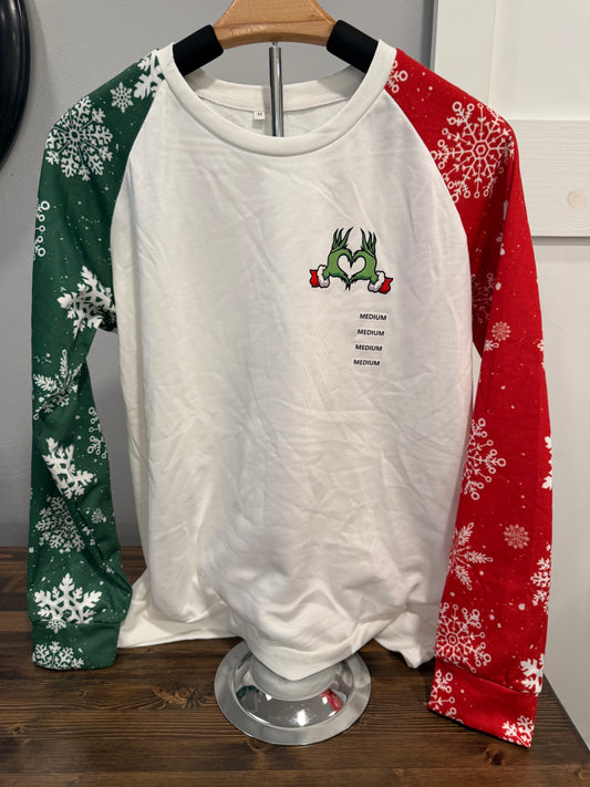 Grinch Heart Hands Raglan Top – Red & Green Snowflake Christmas Top