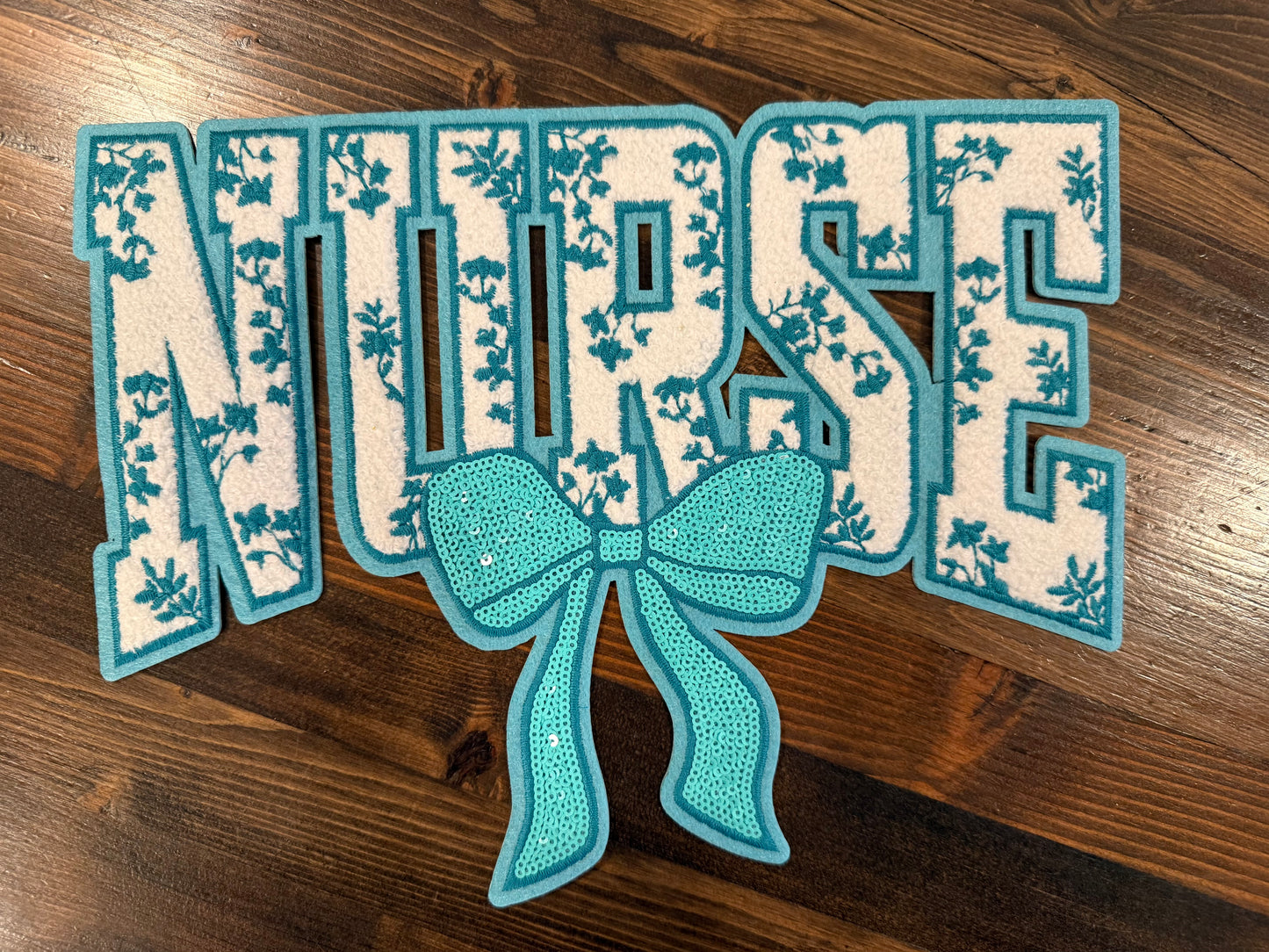 XL Nurse Chenille Patch With Sequin Bow Teal – Healthcare Iron-On / Sew-On Appliqué CK