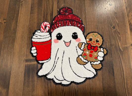 Ghost with Gingerbread & Cocoa Patch – Holiday Chenille Extra Large Iron-On with Red Sequin Hat