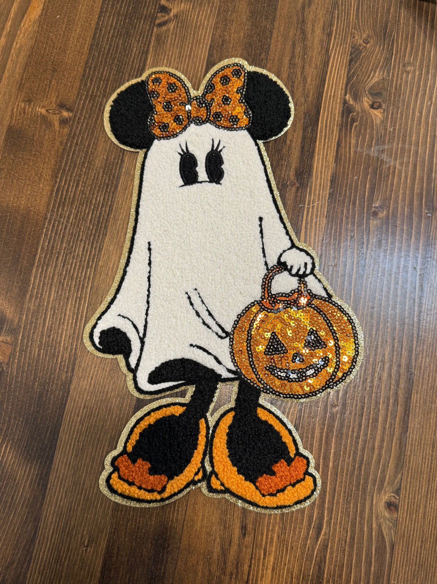 Ghost Mouse Halloween Hoodie – Black Hoodie with Chenille Patch, Pumpkin Bucket & Bow