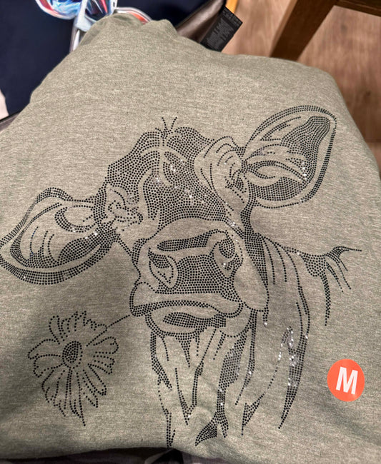 LAST CHANCE Cow with Flower Spangle T-Shirt - Short Sleeve Tee CK