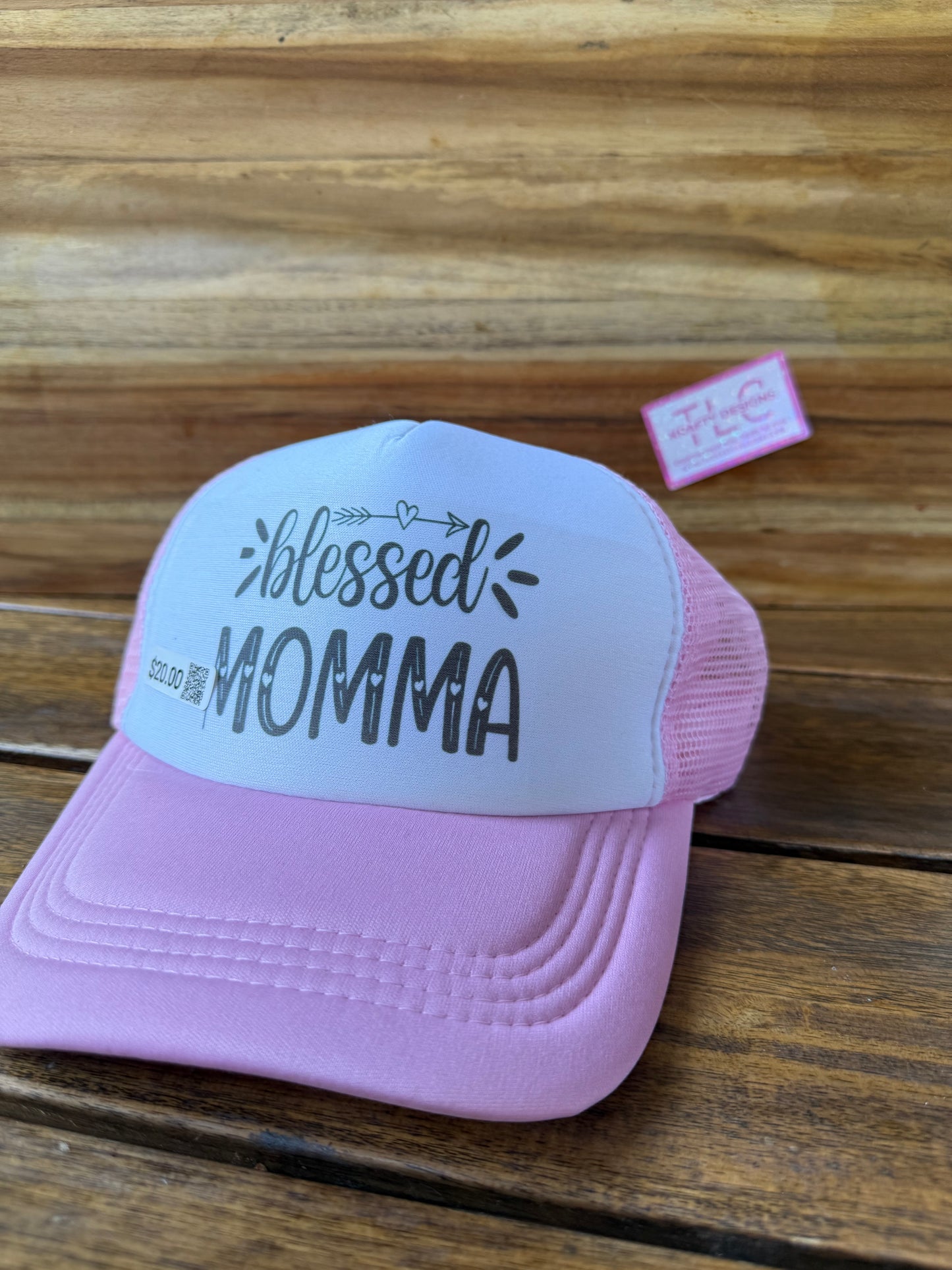 Blessed Momma Trucker Hat – Light Pink Mesh with Arrow and Heart Design