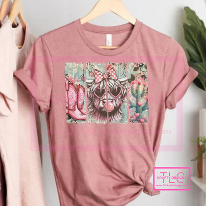 Cowgirl Chic Tanks, Short & Long Sleeve Shirts – Highland Cow, Boots, and Floral Design