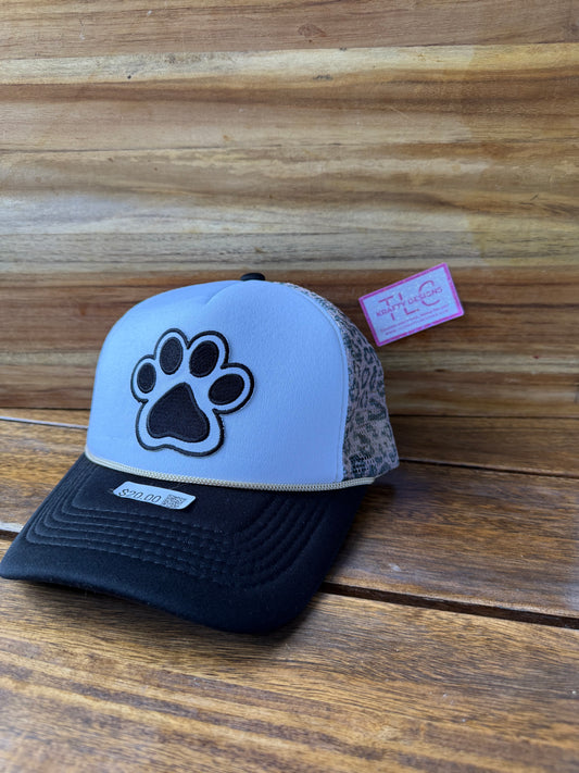 Paw Print Trucker Hat – Black Brim with Leopard Mesh Back