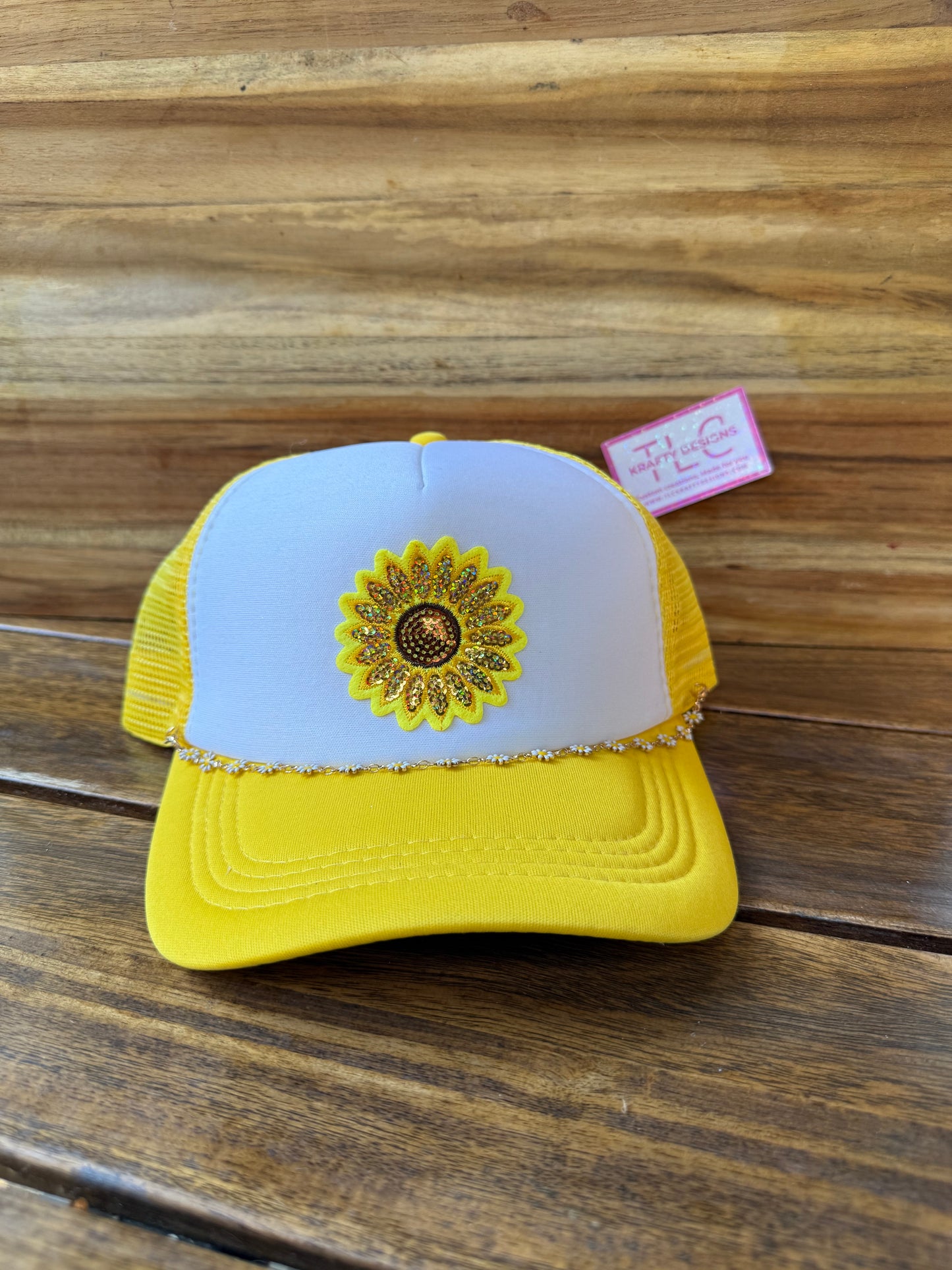 Bright Yellow Sunflower Trucker Hat with Rhinestone Trim
