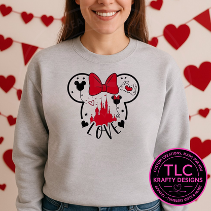 Valentine Mouse Love Sweatshirt | Heart Castle Valentine Crewneck | Cute Valentine Shirt | Icon-Inspired Love Graphic | Unisex Valentine Top
