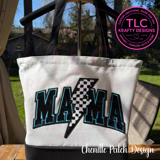 Blue MAMA Lightning Bolt Chenille Patch Canvas Tote Bag