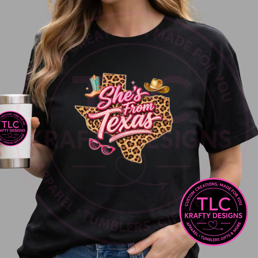 She's From Texas Leopard Print With Accessories Design -  Texas Love Apparel