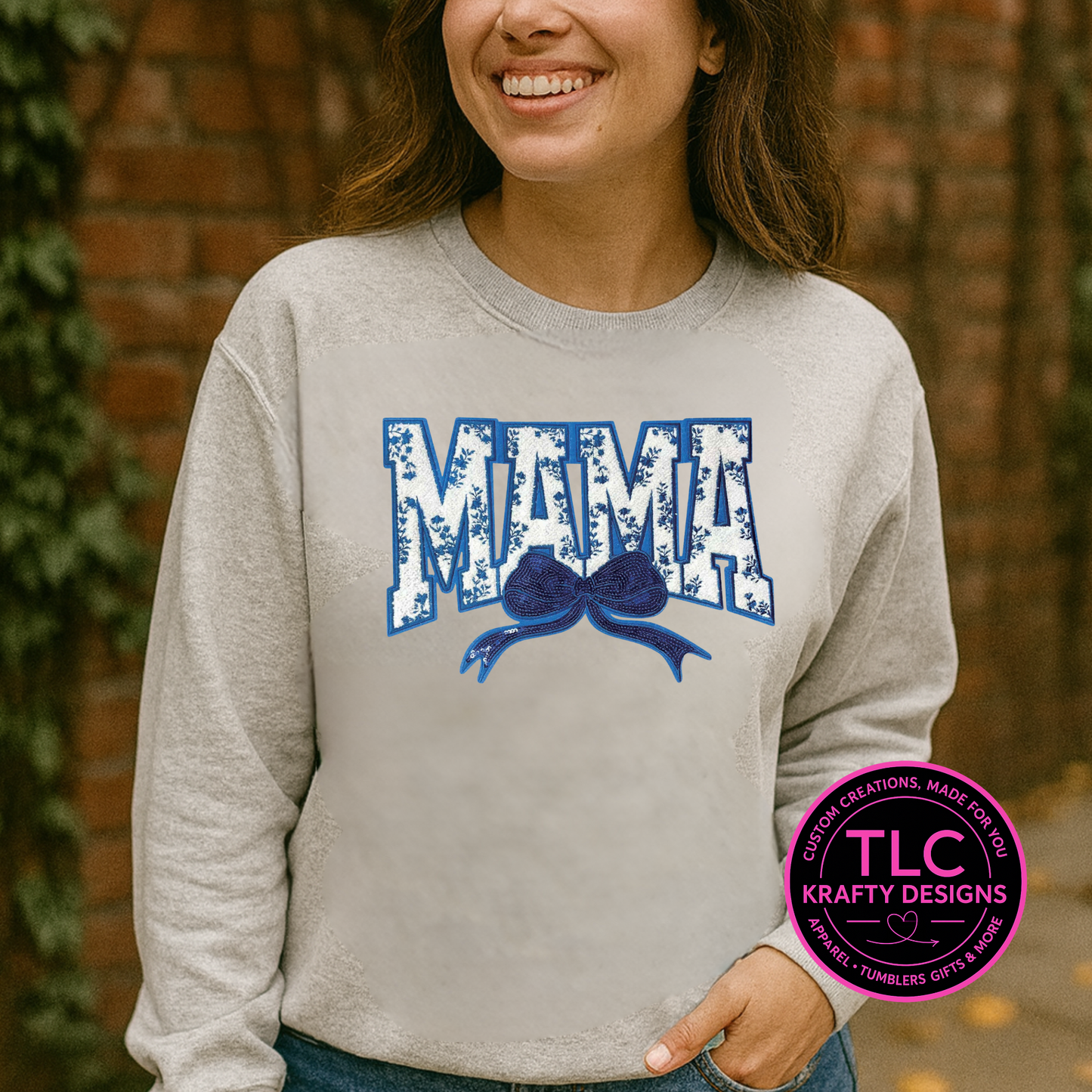 Blue Mama Bow Chenille and Sequin Patch – Family Love Iron-On / Sew-On Appliqué CK