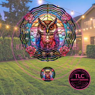 Owl Wind Spinner, Stained Glass Owl Garden Decor, Colorful Owl Wind Spinner, Owl Lover Gift, Woodland Garden Art, 10 Inch Double Wind Spinner