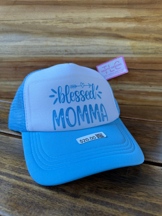Blessed Momma Trucker Hat – Blue and White Hat with Arrow Design