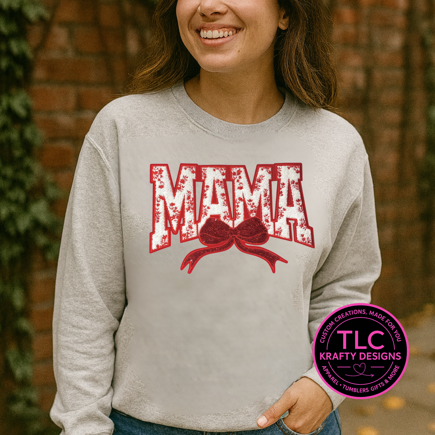 Red Mama Bow Chenille and Sequin Patch – Family Love Iron-On / Sew-On Appliqué CK