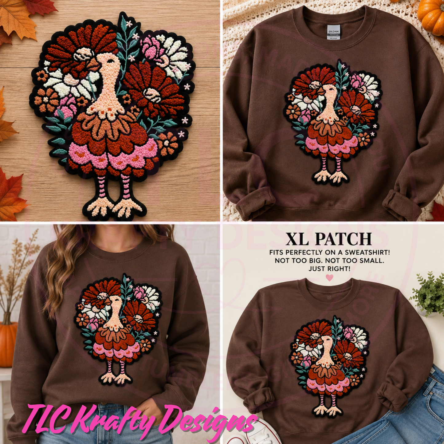 XL Floral Turkey Patch, Large Thanksgiving Turkey Iron On Patch, Fall Flower Patch