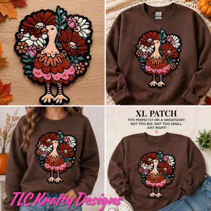 XL Floral Turkey Patch, Large Thanksgiving Turkey Iron On Patch, Fall Flower Patch