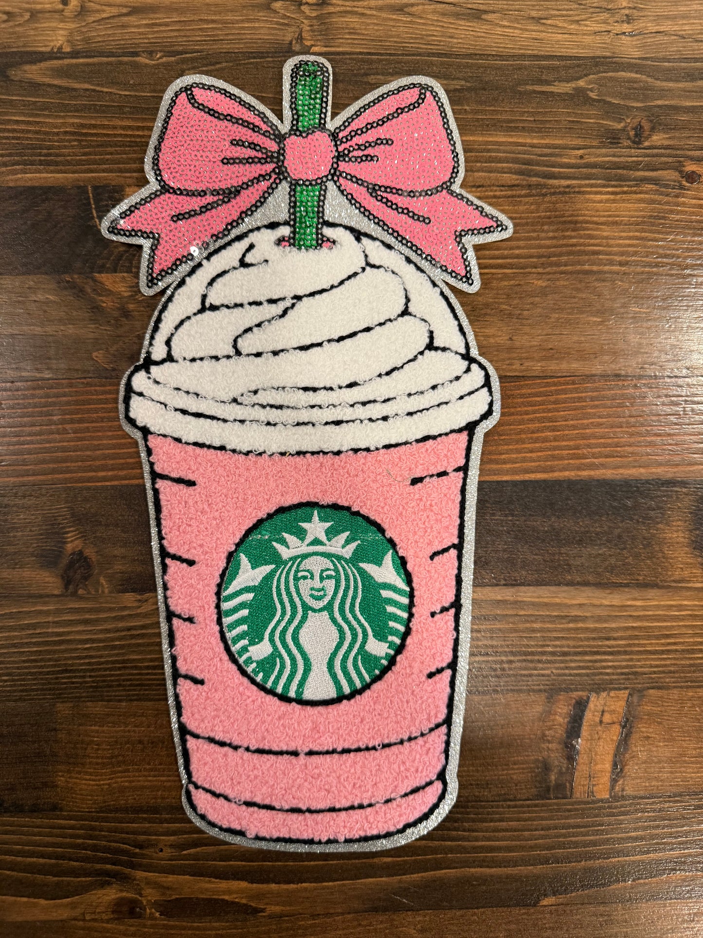 XL Pink Coffee Cup Chenille Patch – Bow Coffee Patch | Cute Coffee Lover Iron-On