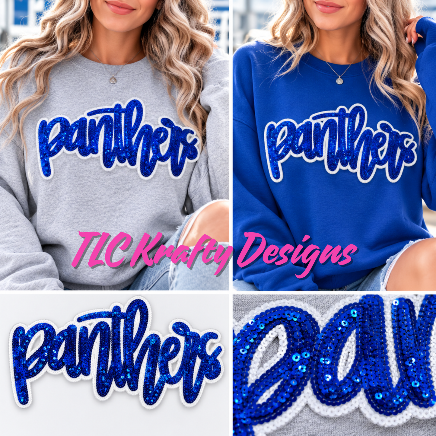 Panthers Sequin Sweatshirt, Blue School Spirit Crewneck or Hoodie, Panther Game Day Apparel