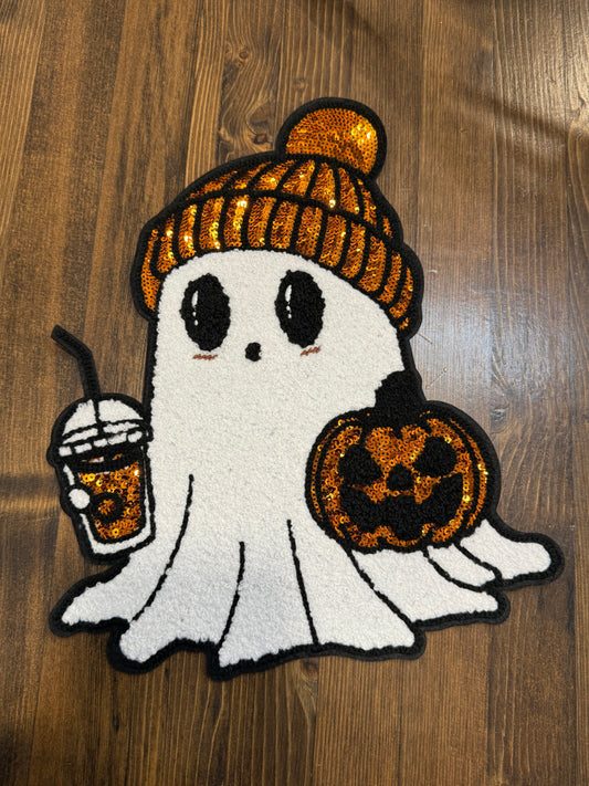 Pumpkin Spice Ghost Patch – 10” Extra Large Iron-On with Sequin Beanie, Drink & Jack-o’-Lantern