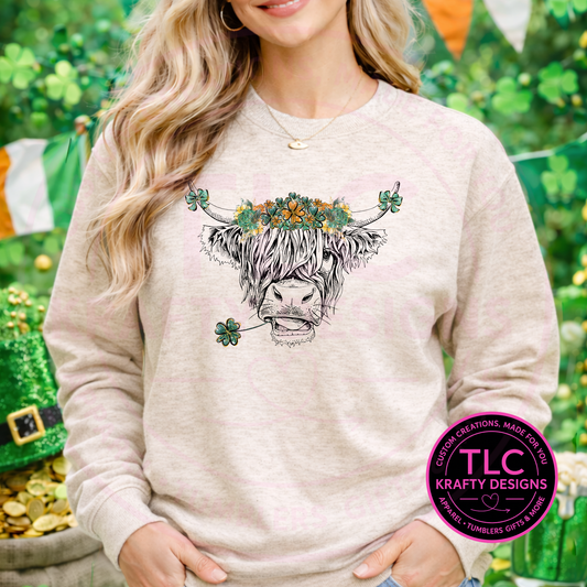 Floral and Clover Crown Highland Cow Shirt or Sweatshirt - St. Patrick's Day Apparel CK