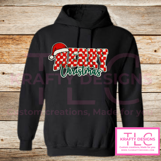 Merry Christmas Hoodie – Black Hoodie with Buffalo Plaid Chenille Patch and Santa Hat