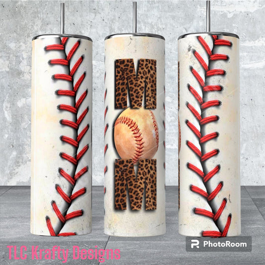 Spirited 20oz sublimation tumbler, a homage to the cherished role of moms in the baseball world, adorned with the iconic phrase "Mom" styled in the fashion of a baseball seam.