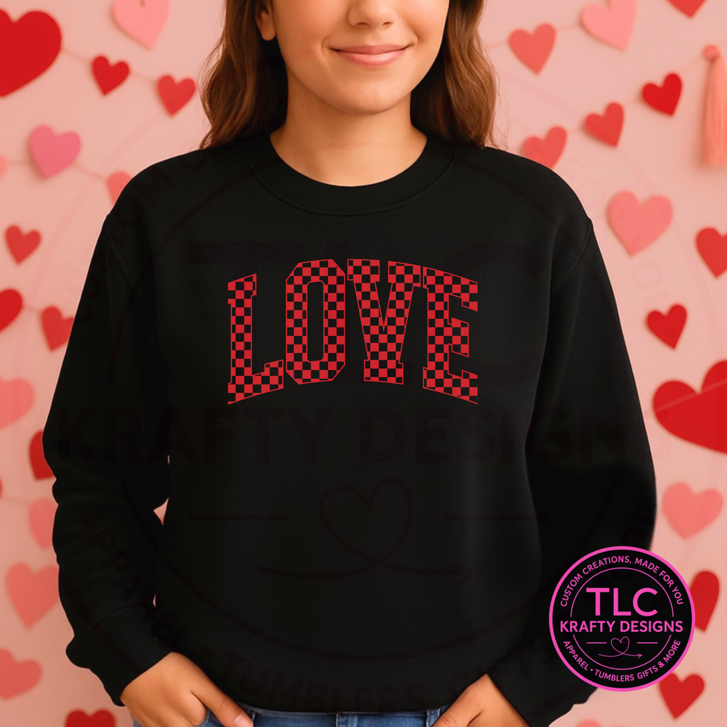 LOVE Valentine Sweatshirt or T-Shirt – Checkerboard Heart Design | Cute Valentine’s Day Apparel