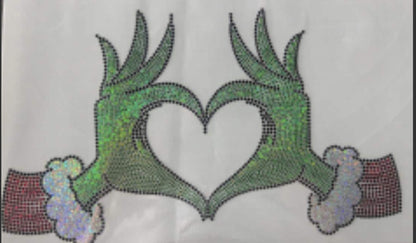 Grinchy Holiday Hands Heart Spangle Transfer | Sparkle Rhinestone Iron On | Ready to Press Heat Transfer | Festive Christmas Shirt Design