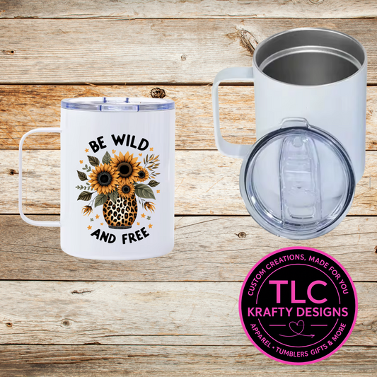 Be Wild and Free Mug – 12oz Travel Mug with Lid, Sunflower Leopard Coffee Cup